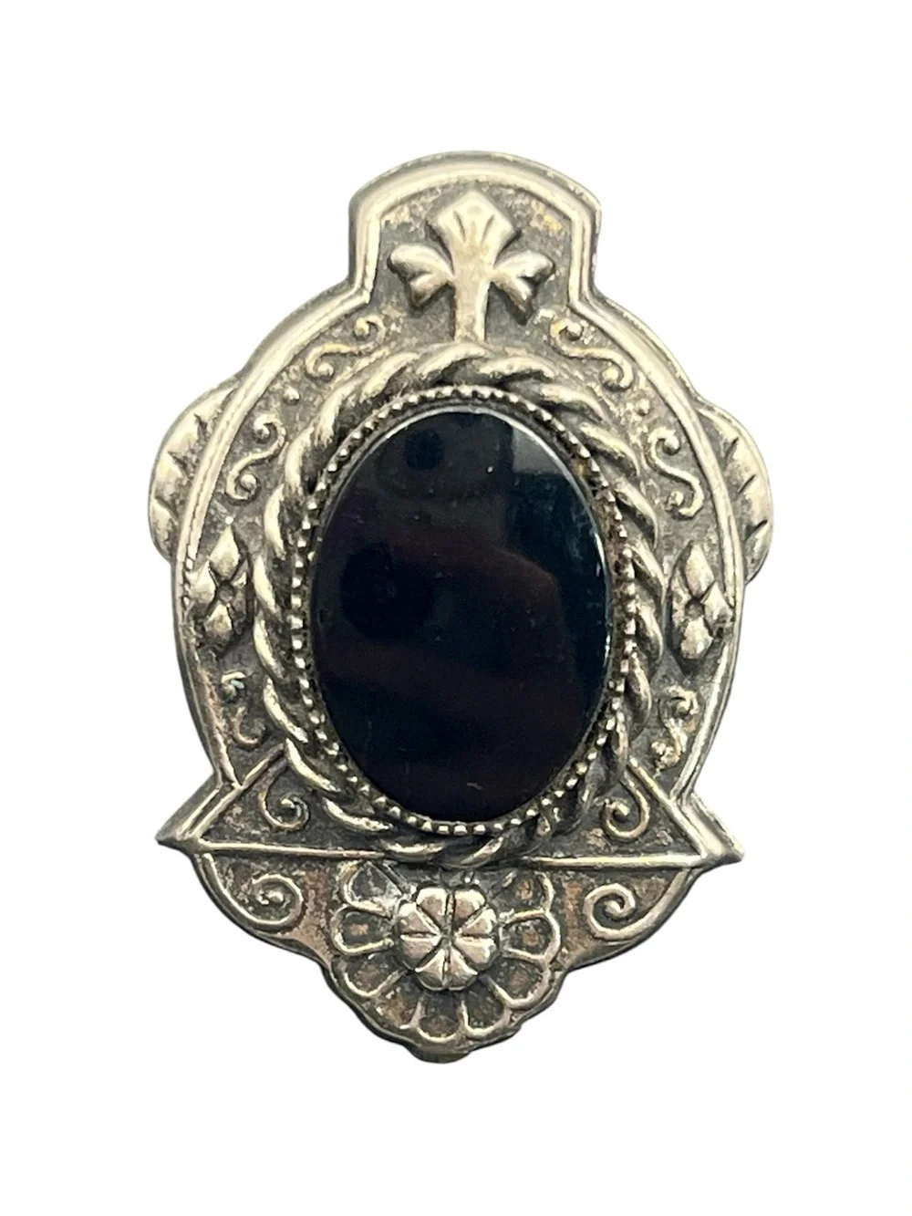 Silver tone ornate design black cabochon vintage brooch pin